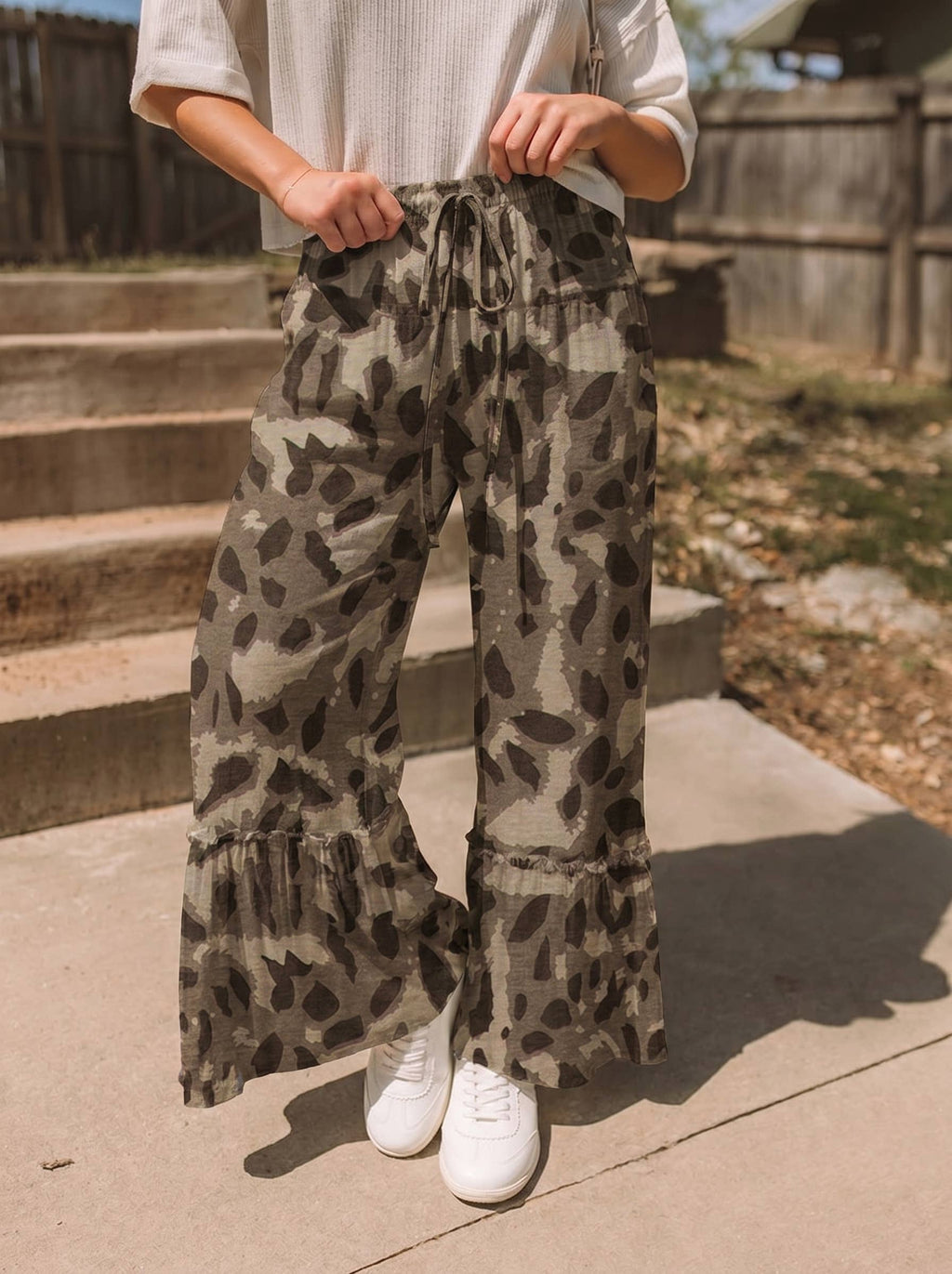 Western Leopard/camo Print Frilled Detail Drawstring Pants: Camo / XL