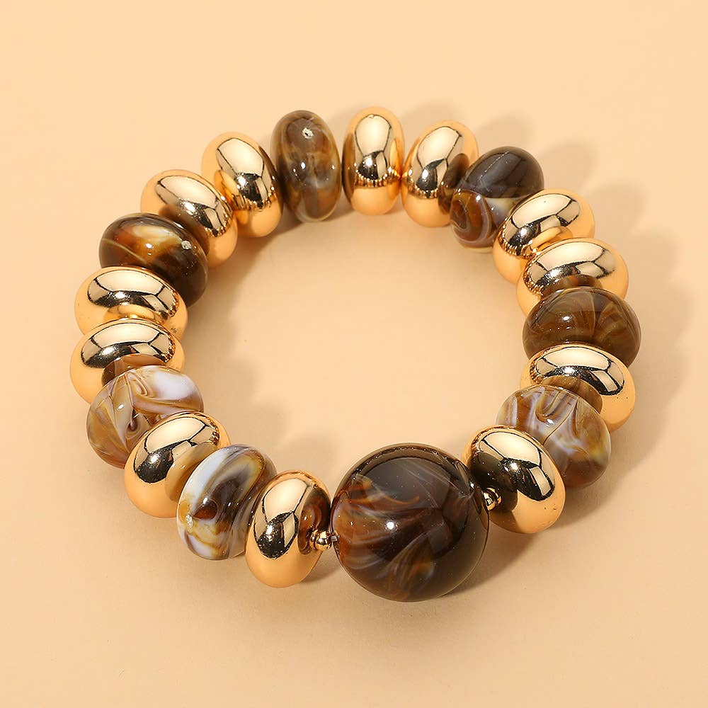 Chunky Beaded Stretch Bracelet: Brown,Gold