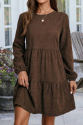 Lantern Sleeve Tiered Mini Dress: Dark Brown / M