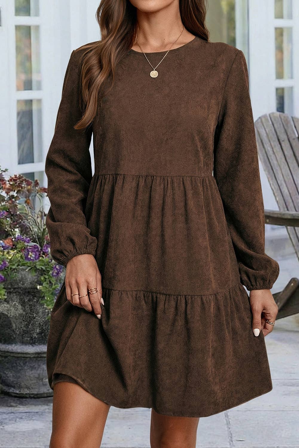 Lantern Sleeve Tiered Mini Dress: Dark Brown / M
