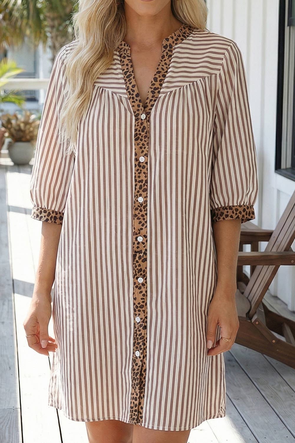 Stripe Button Leopard Trim Bracelet Sleeve Dress (S-XL): Brown / Missy / M