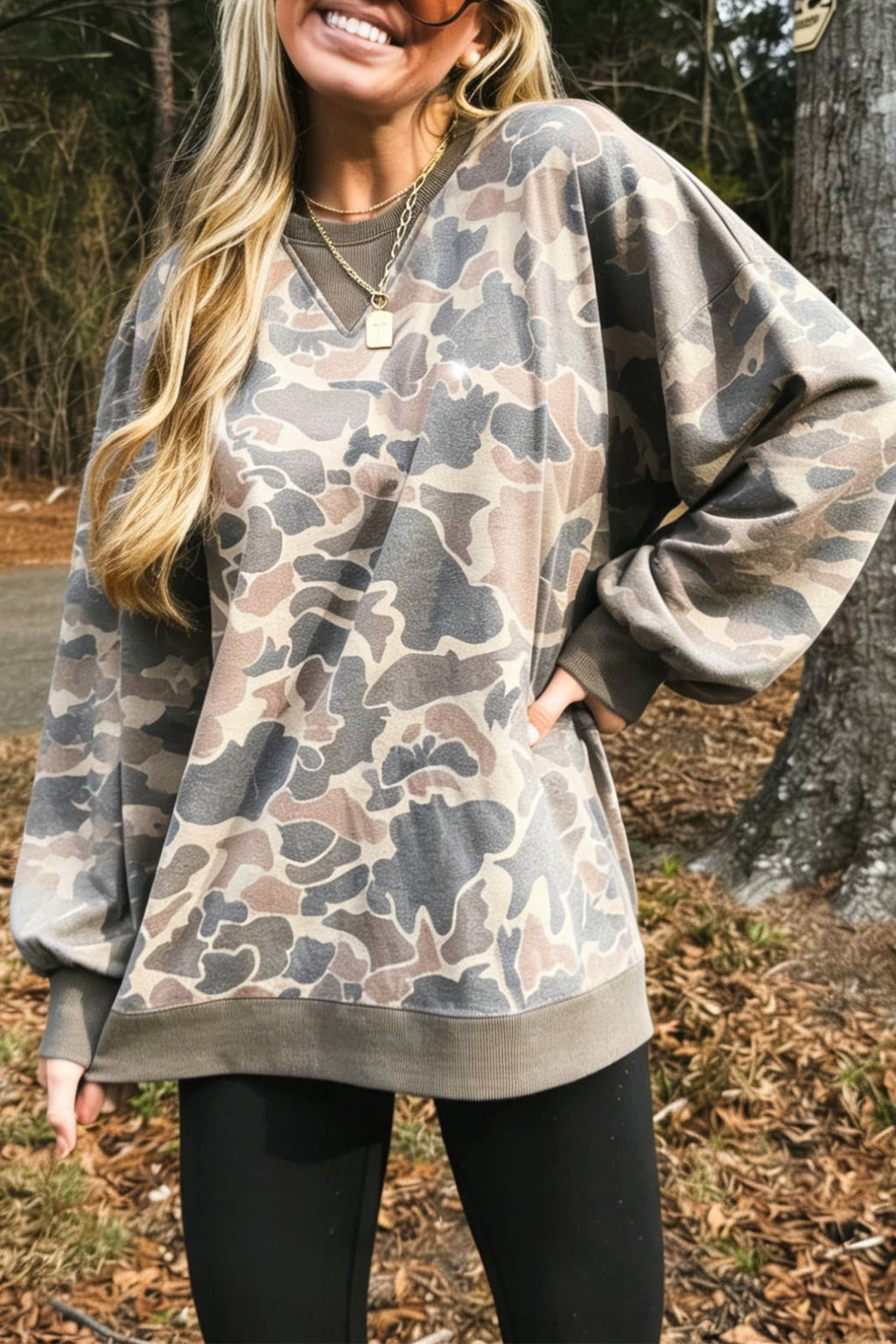 Fall Camouflage Woodland Print Drop Shoulder Tunic Tee: Sweatshirt / L