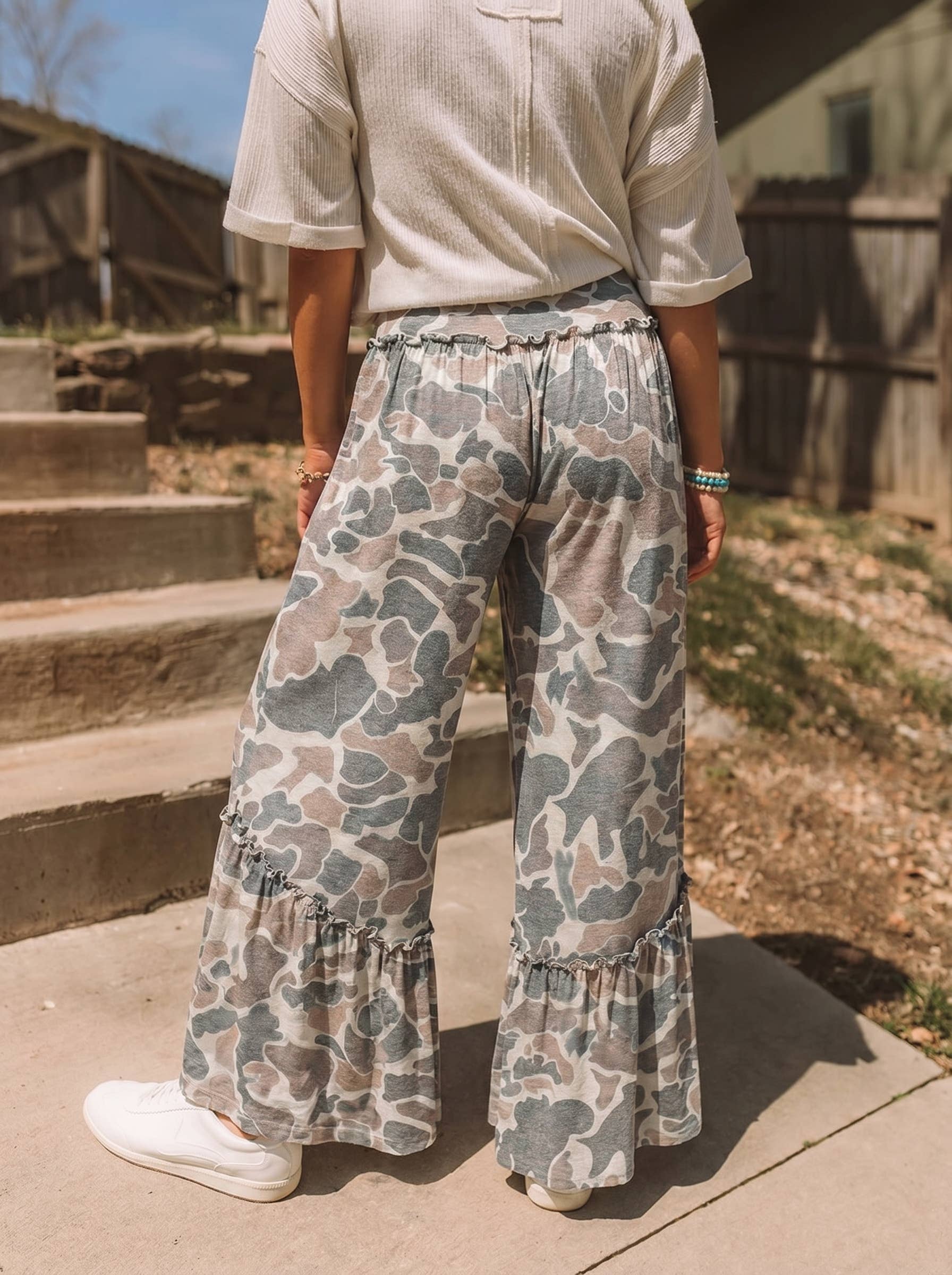 Western Leopard/camo Print Frilled Detail Drawstring Pants: Camo / L