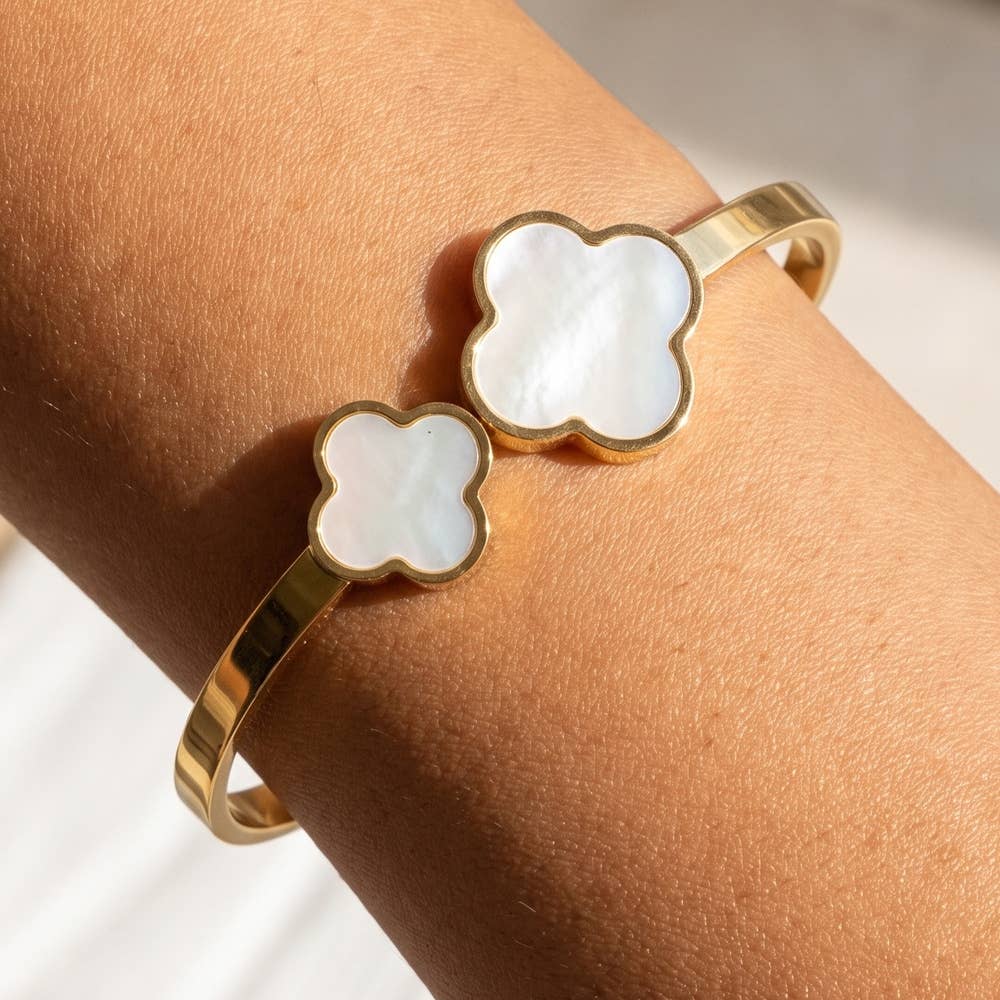 Mother Of Pearl Double Clover Hinged Bangle Bracelet: W