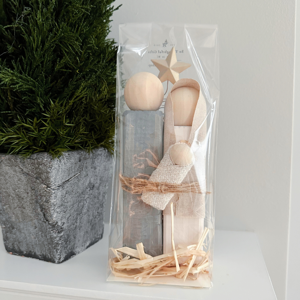 Simple Wooden Nativity Set | Hand-painted | Gift Wrapped: Sage & Dusty Blue