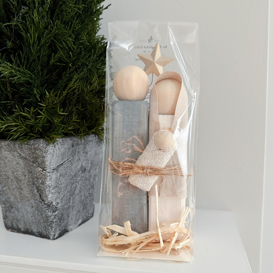 Simple Wooden Nativity Set | Hand-painted | Gift Wrapped: Sage & Dusty Blue