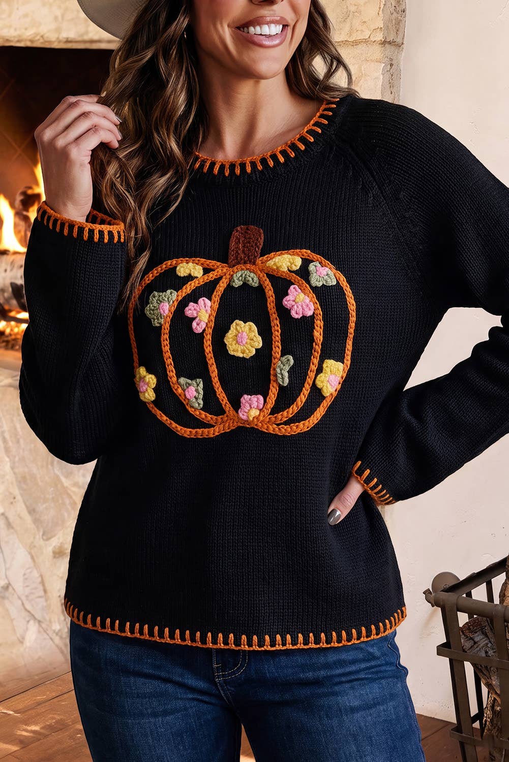 Floral Embroidery Pumpkin Long Sleeve Round Neck Sweater: Parchment / S