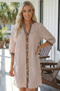 Stripe Button Leopard Trim Bracelet Sleeve Dress (S-XL): Brown / Missy / L