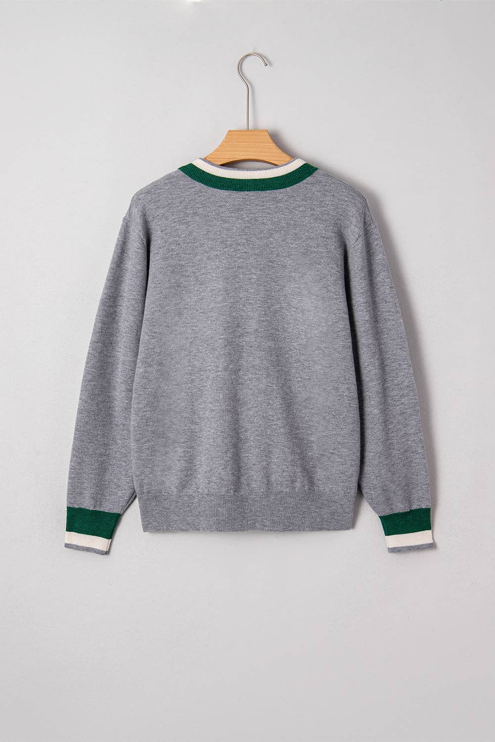 Contrast Striped Trim V Neck Varsity sweaters for women: Dark Khaki / Missy / M