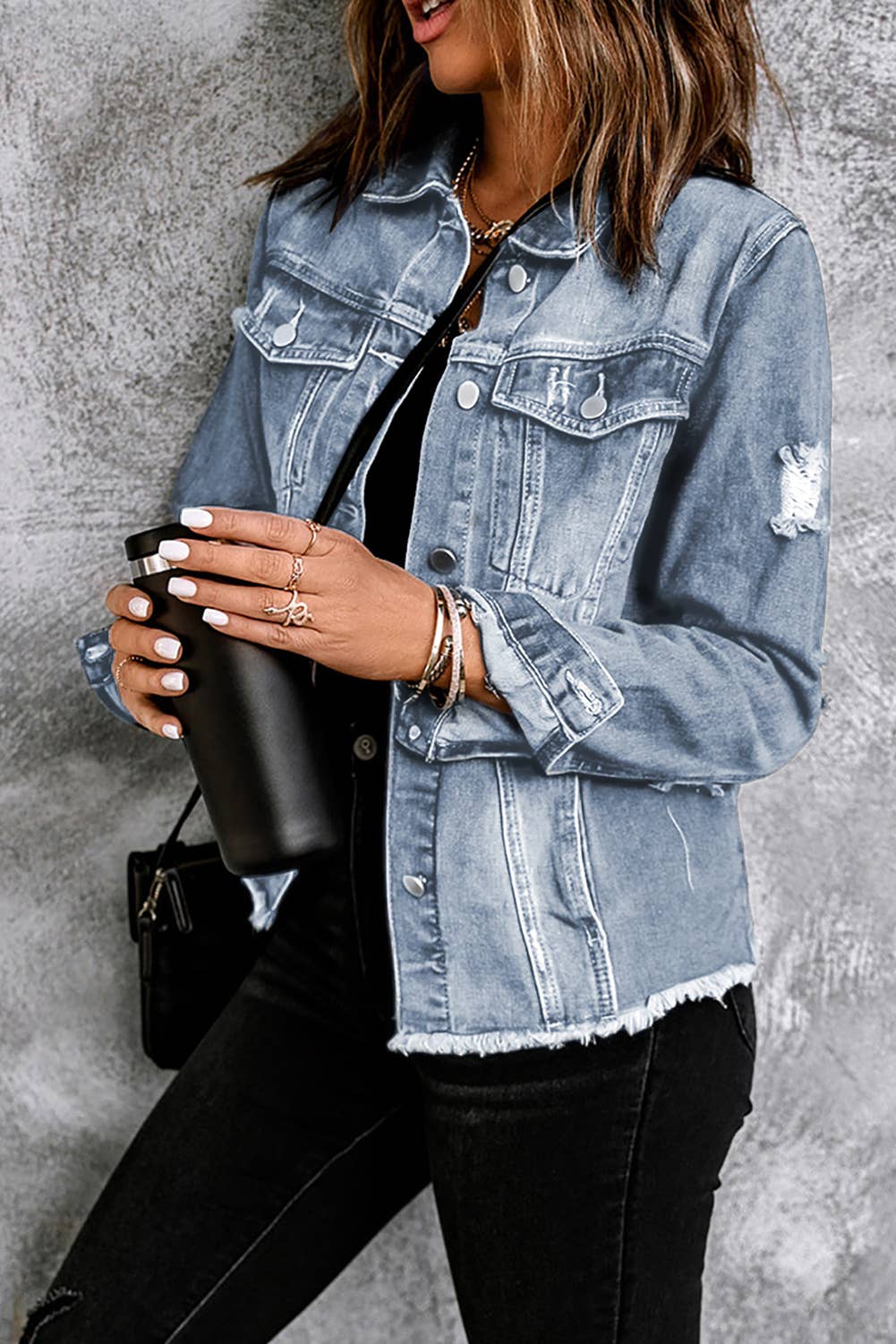 Lapel Distressed Raw Hem Buttons Denim Jacket: Sky Blue / M