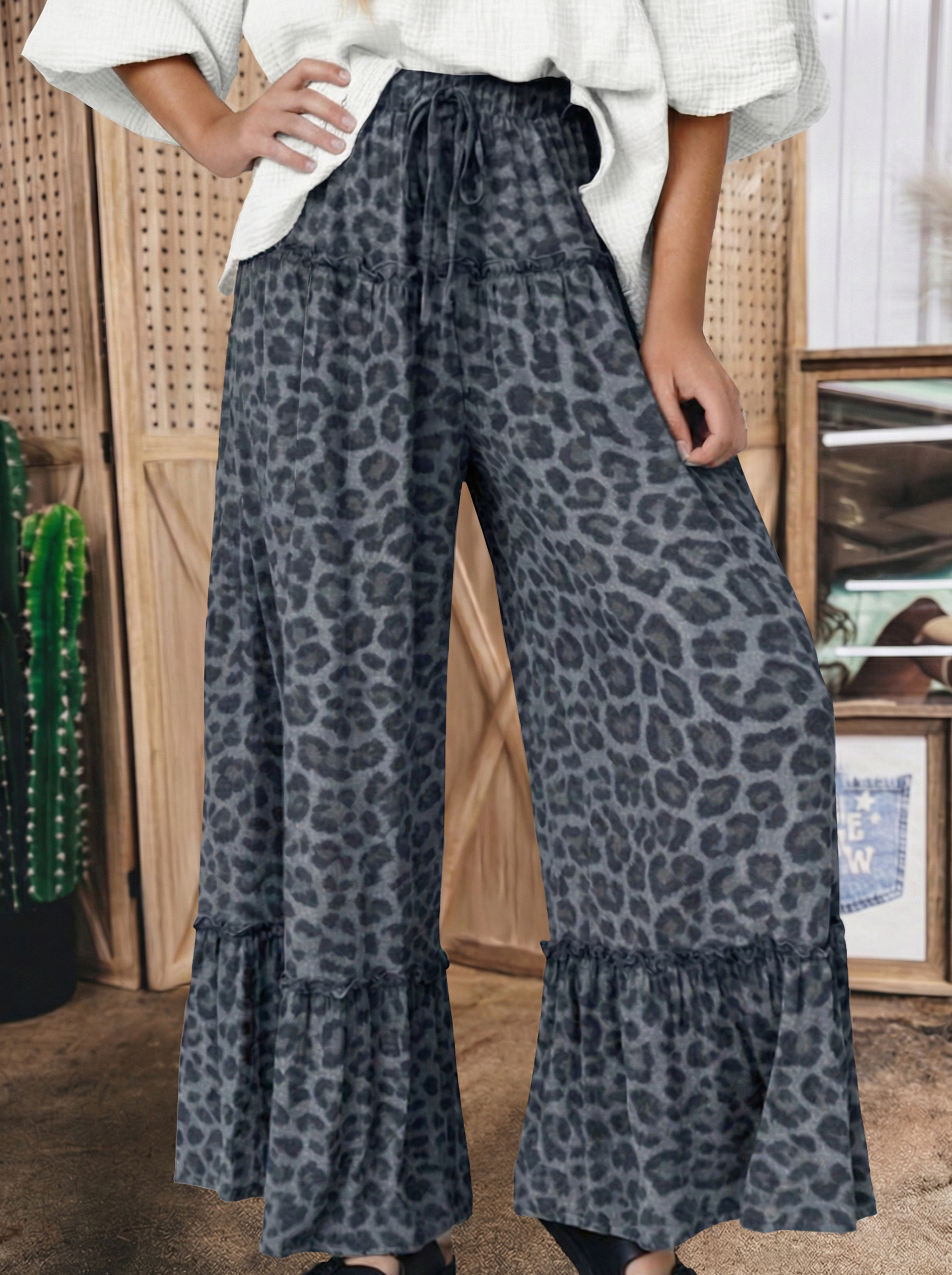 Western Leopard/camo Print Frilled Detail Drawstring Pants: Camo / XL