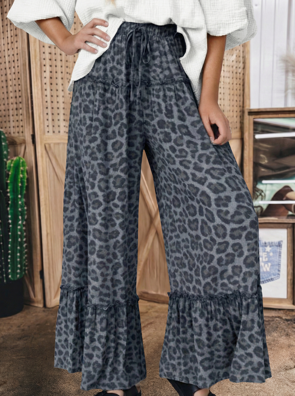 Western Leopard/camo Print Frilled Detail Drawstring Pants: Camo / M
