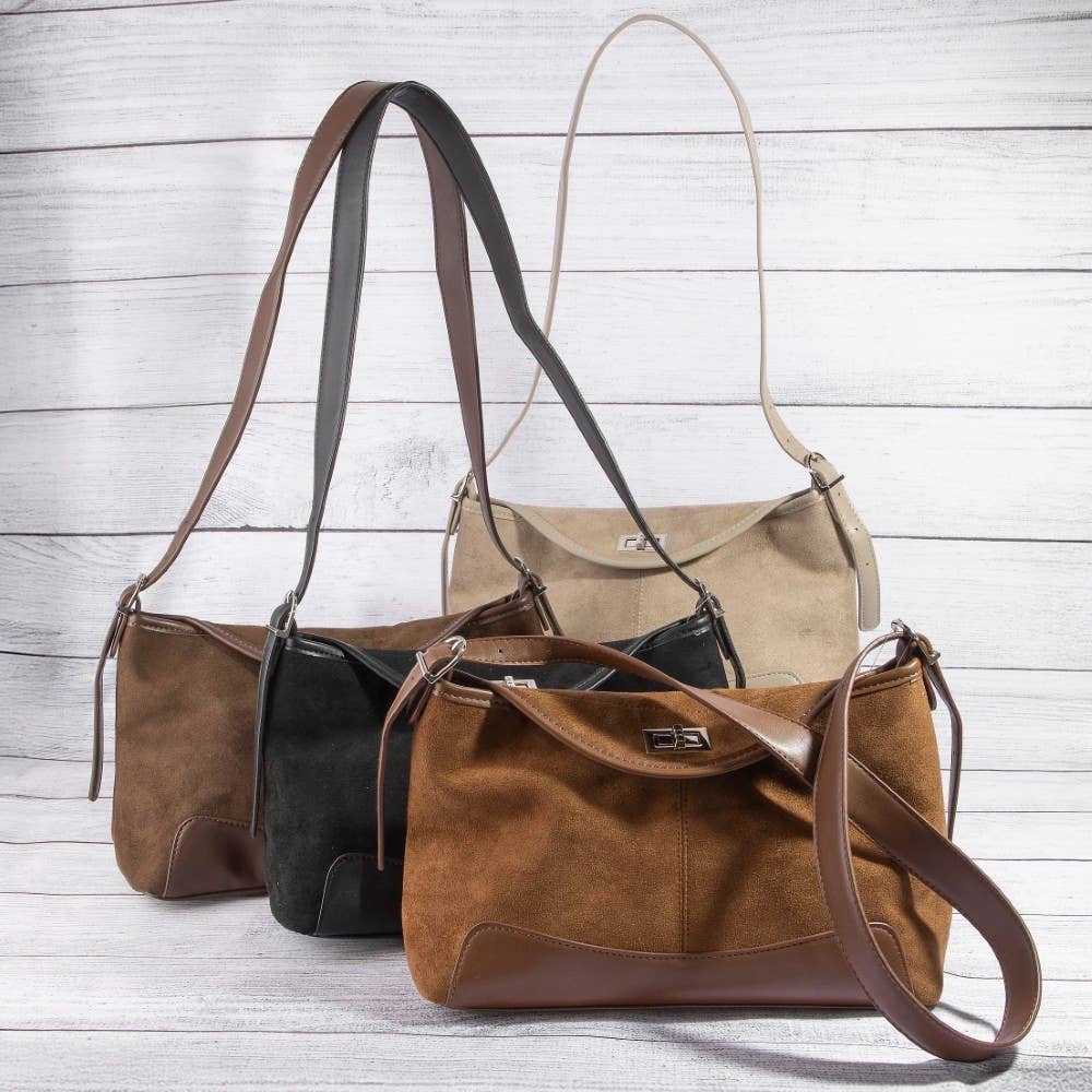 Rectangle Suede With Flap Crossbody Bag: DBR