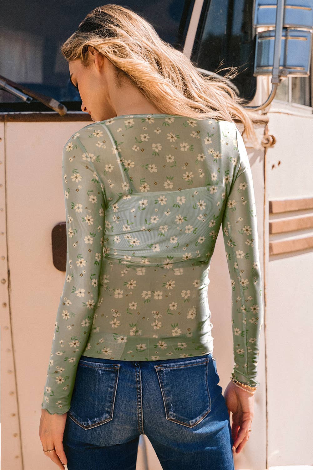 Western Vintage Floral Print Southern Mesh Long Sleeve Top: As shown / Missy / M