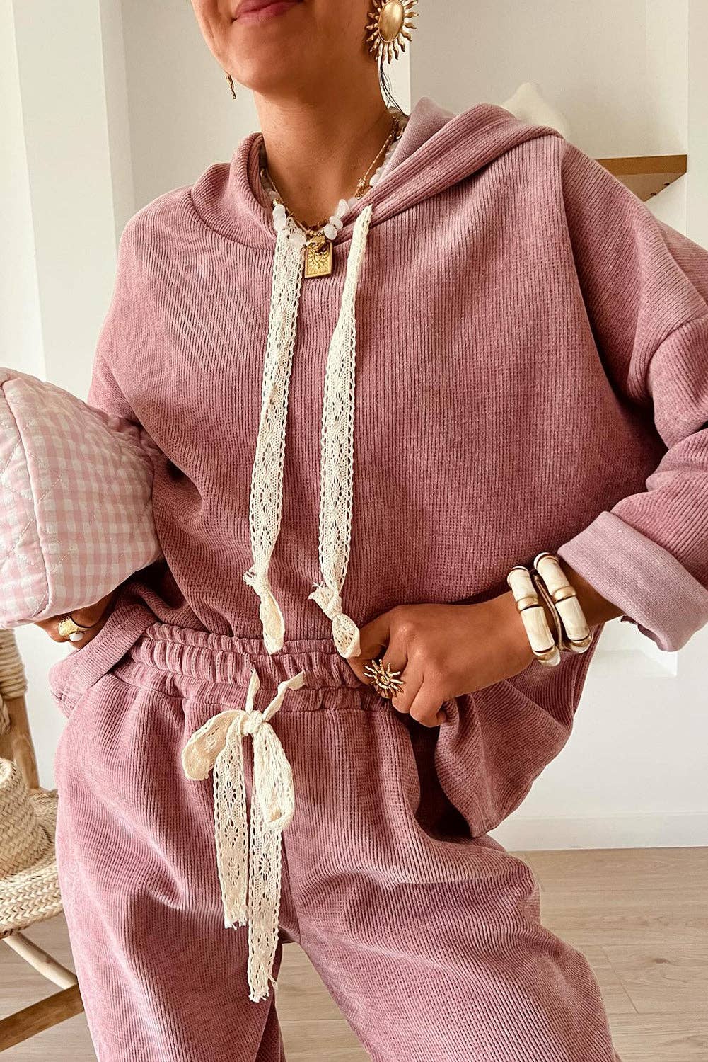 Parchment Leopard Drawstring Pullover Hoodie and High Waist Pants Corduroy Suit: Parchment / 42.5%Polyester+40%Viscose+16%Polyamide+1.5%Elastane / M