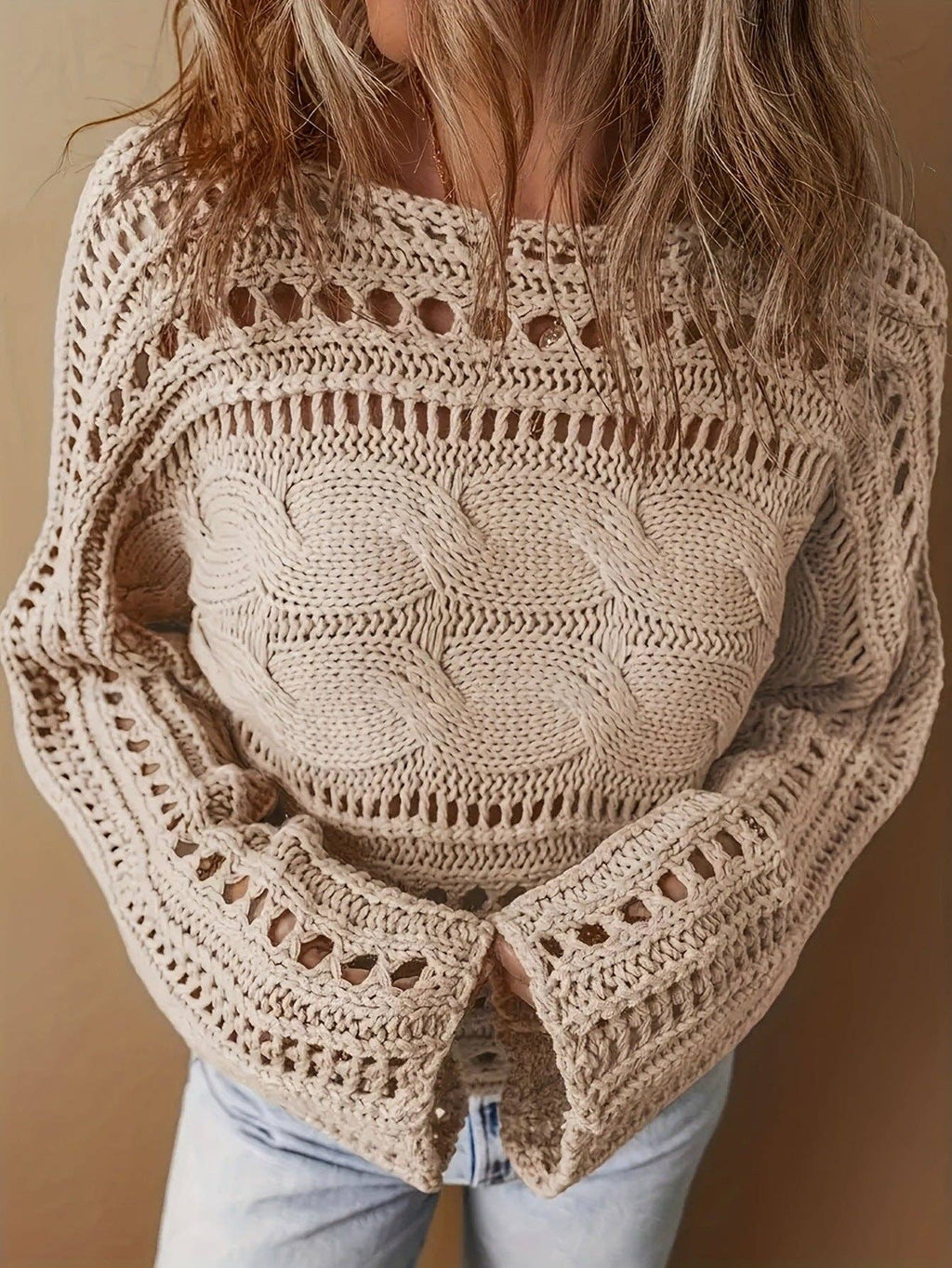 Crochet Cardigan Openwork Long Sleeve Crop Top Women N6A156: Apricot / S