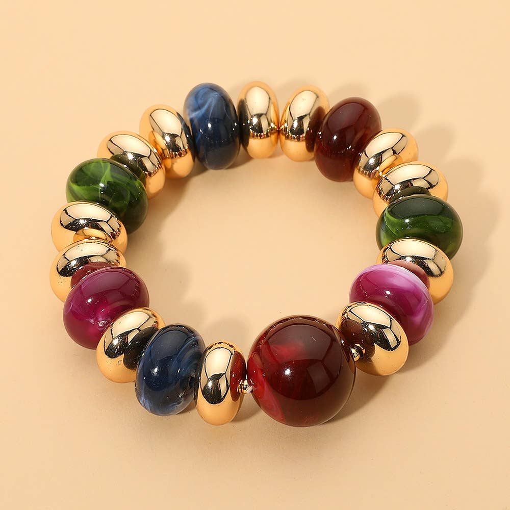 Chunky Beaded Stretch Bracelet: Brown,Gold