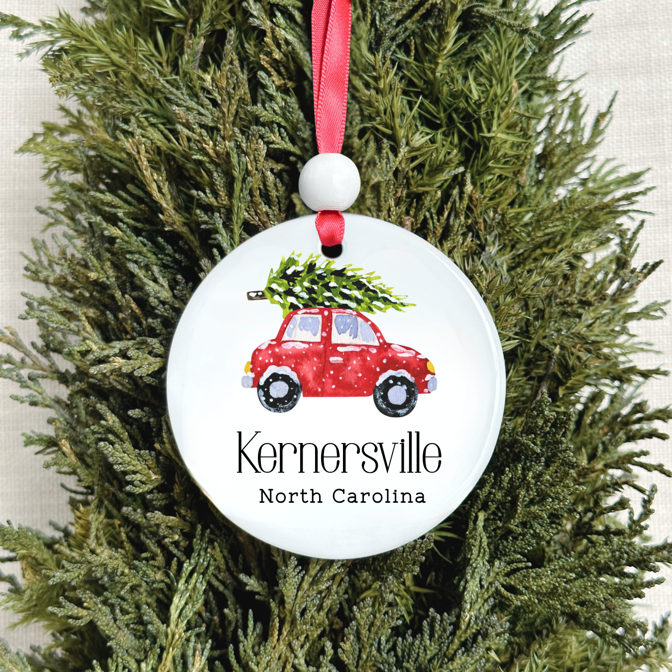 Custom Location Christmas Ornament - Merry Christmas Car : Red