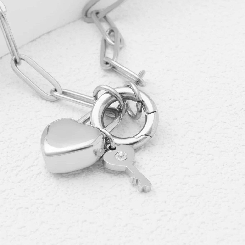 18K Gold PVD Stainless Steel Heart Lock and Key Charm: Stainless