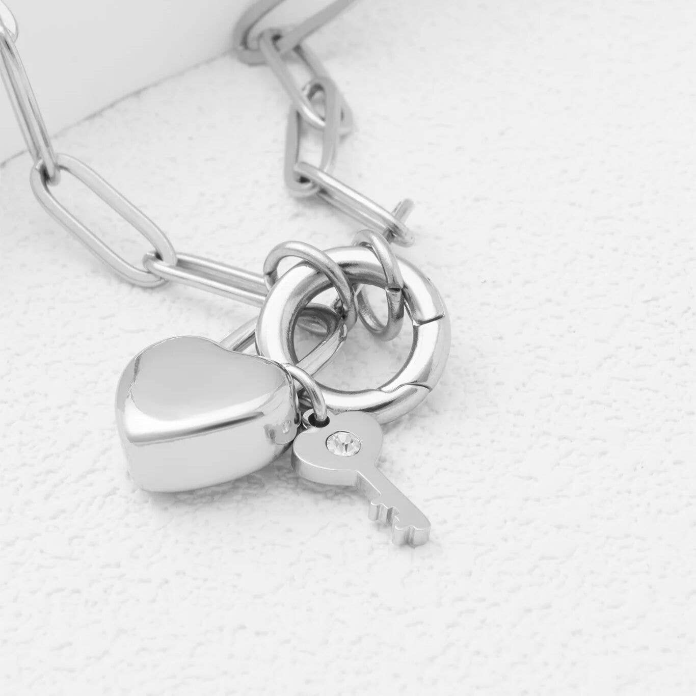 18K Gold PVD Stainless Steel Heart Lock and Key Charm: Stainless
