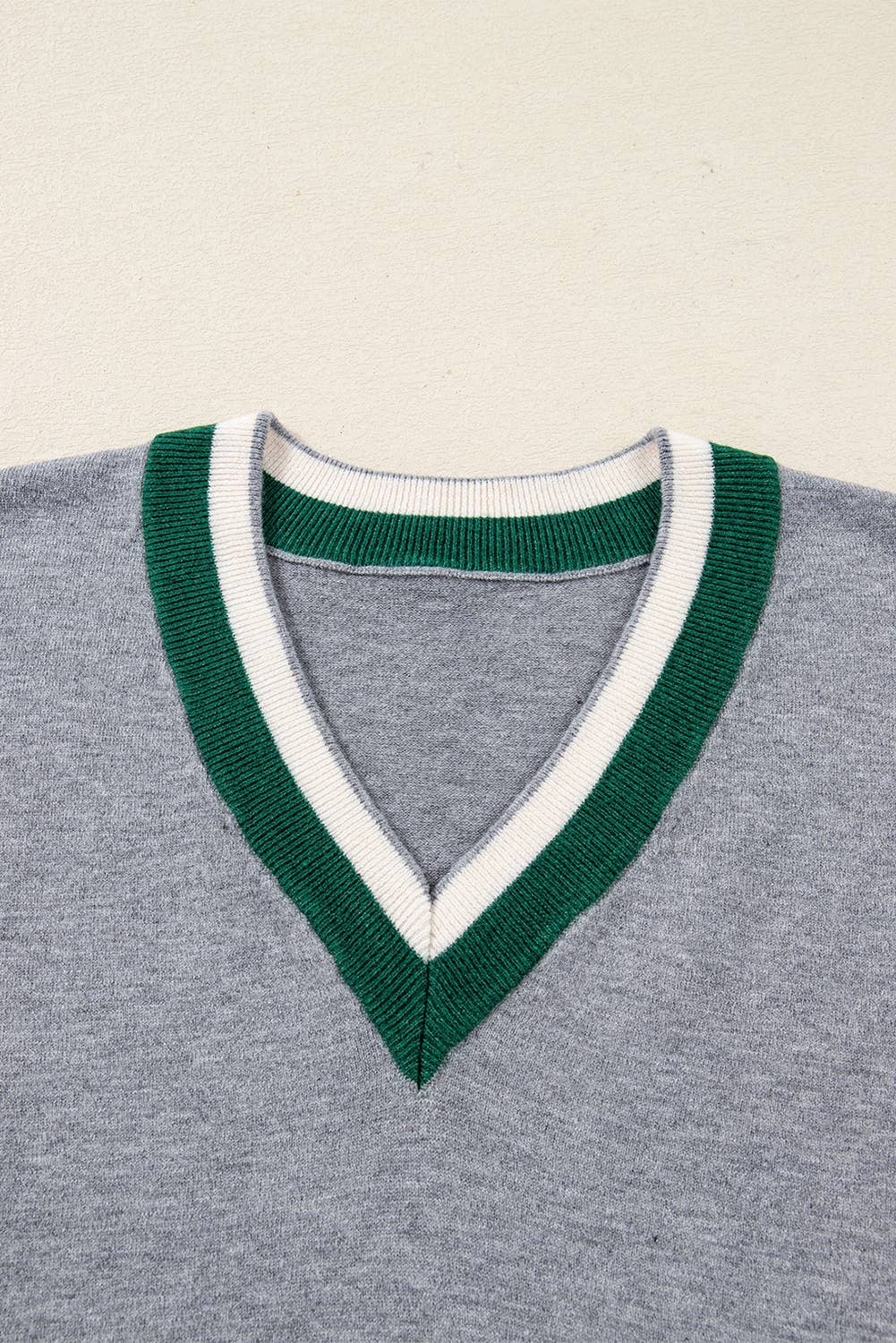 Contrast Striped Trim V Neck Varsity sweaters for women: Dark Khaki / Missy / M