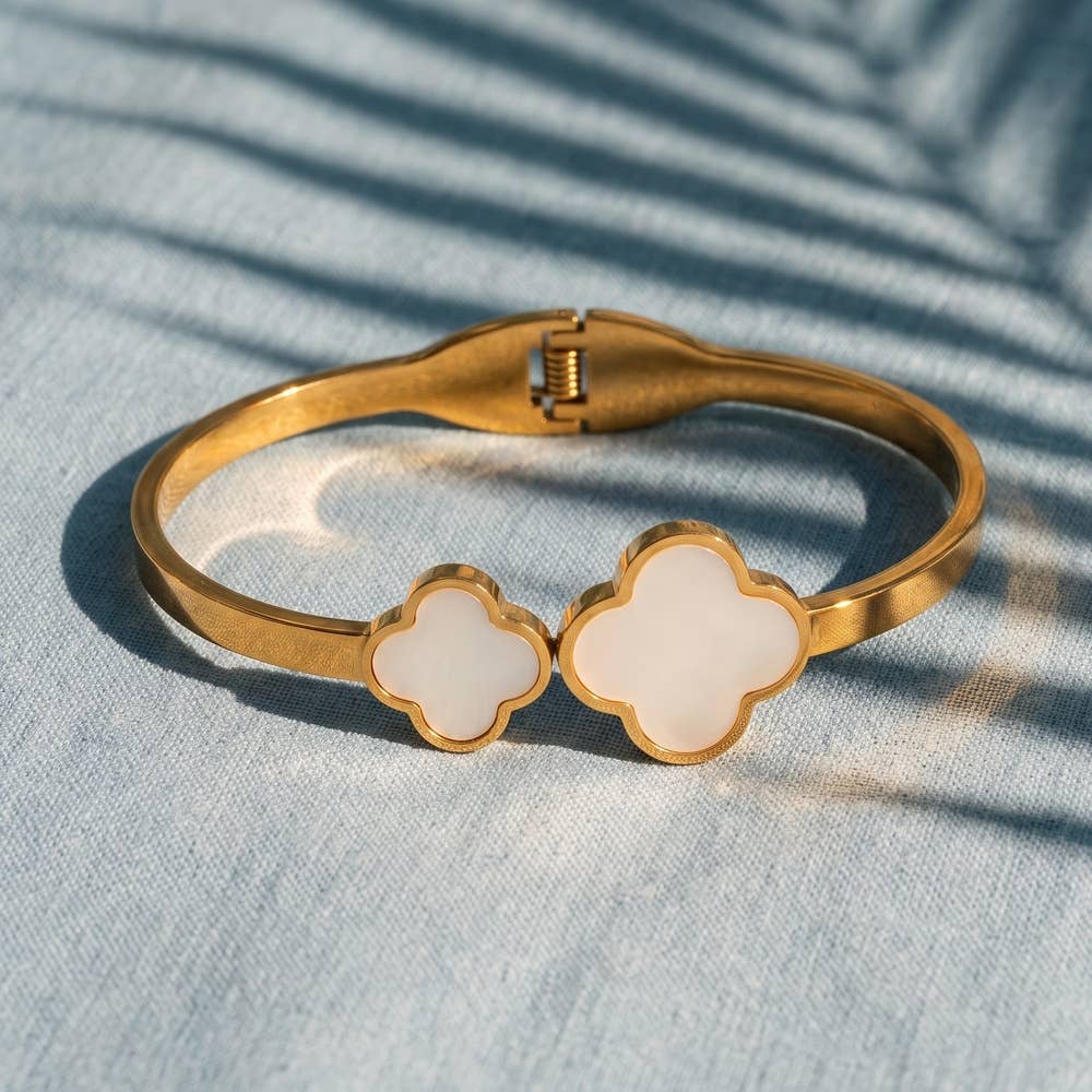 Mother Of Pearl Double Clover Hinged Bangle Bracelet: W