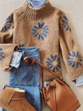 Khaki Floral Knit Sweater Women Ribbed Pattern N5A880: Khaki / S