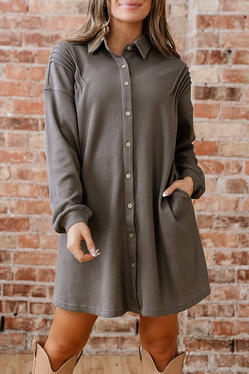 Simply Taupe Waffle Knit Shirt Tunic Dress: Simply Taupe / 75%Polyester+25%Cotton / L