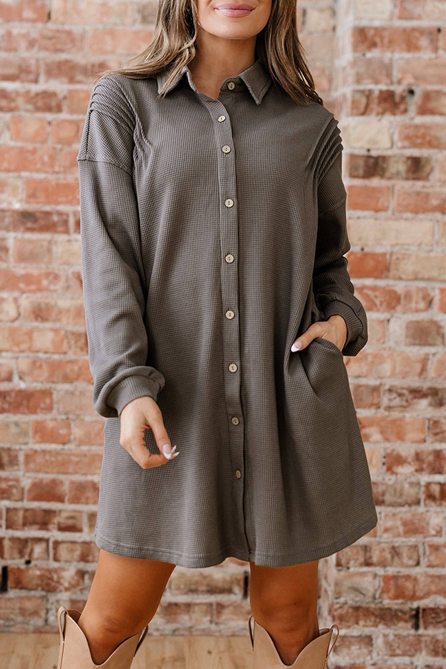 Simply Taupe Waffle Knit Shirt Tunic Dress: Simply Taupe / 75%Polyester+25%Cotton / L