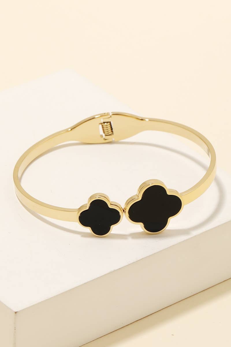 Mother Of Pearl Double Clover Hinged Bangle Bracelet: W