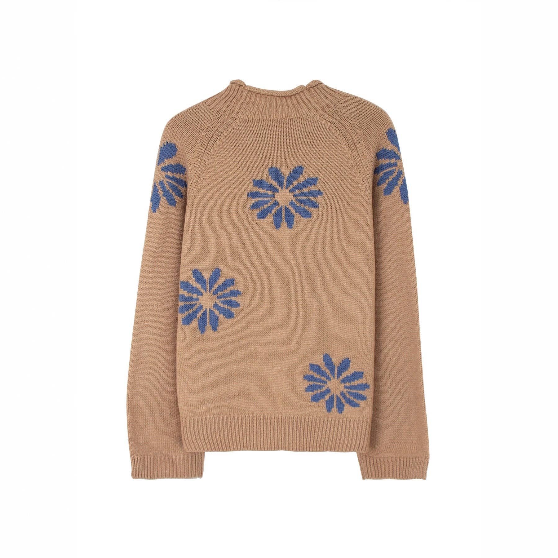 Khaki Floral Knit Sweater Women Ribbed Pattern N5A880: Khaki / XL