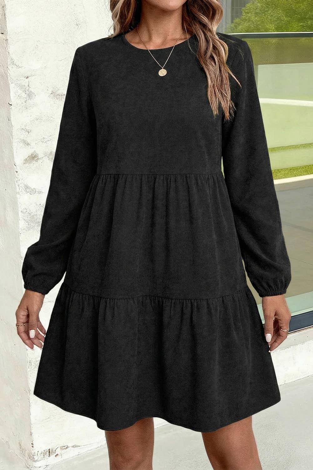 Lantern Sleeve Tiered Mini Dress: Black / L