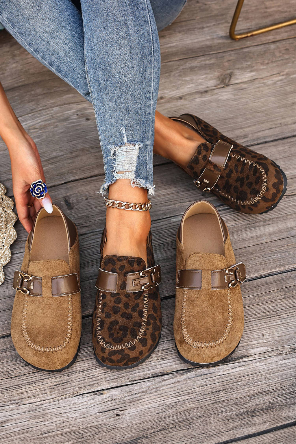 Faux Suede PU Leather Patchwork Retro Buckle Slip On Shoes: Khaki / 7(38)