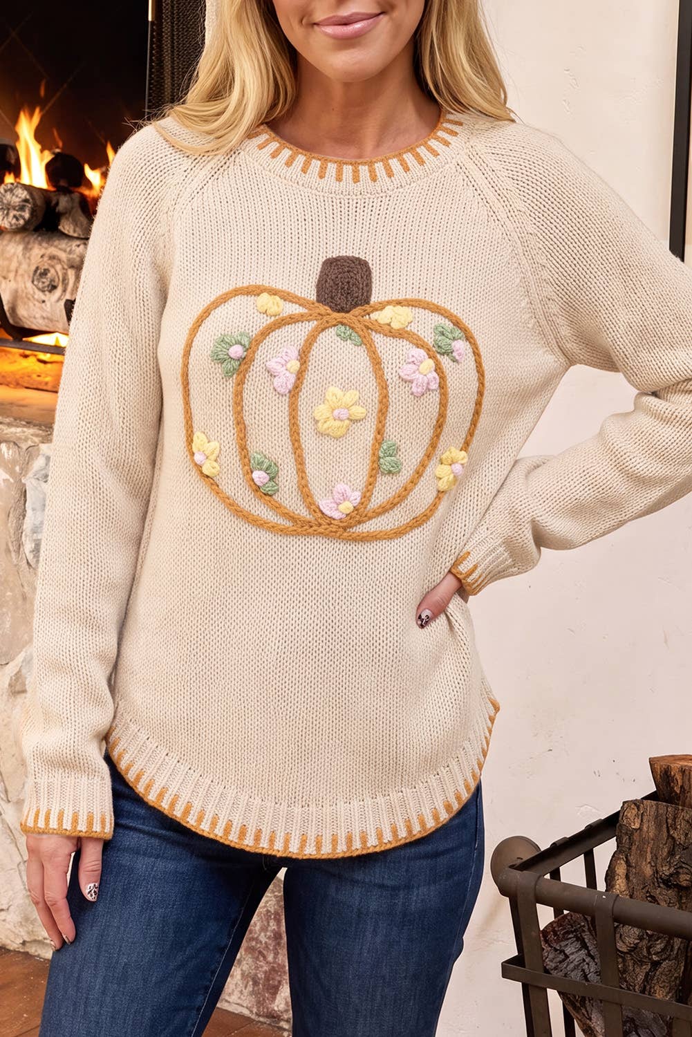 Floral Embroidery Pumpkin Long Sleeve Round Neck Sweater: Parchment / L