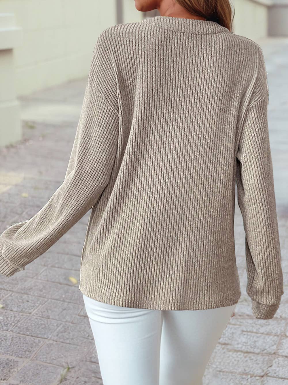 Ribbed Texture Drop Shoulder Henley Knit Top: Clearly Aqua / M