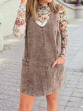 Vintage Washed Denim V Neck Suspender Mini Dress: Goat / XL