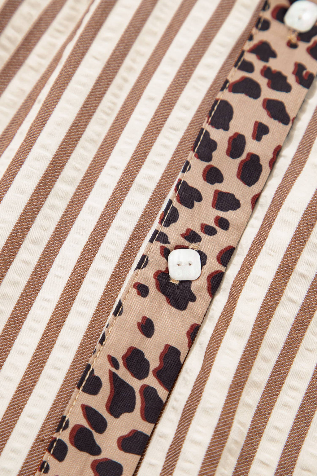 Stripe Button Leopard Trim Bracelet Sleeve Dress (S-XL): Brown / Missy / XL
