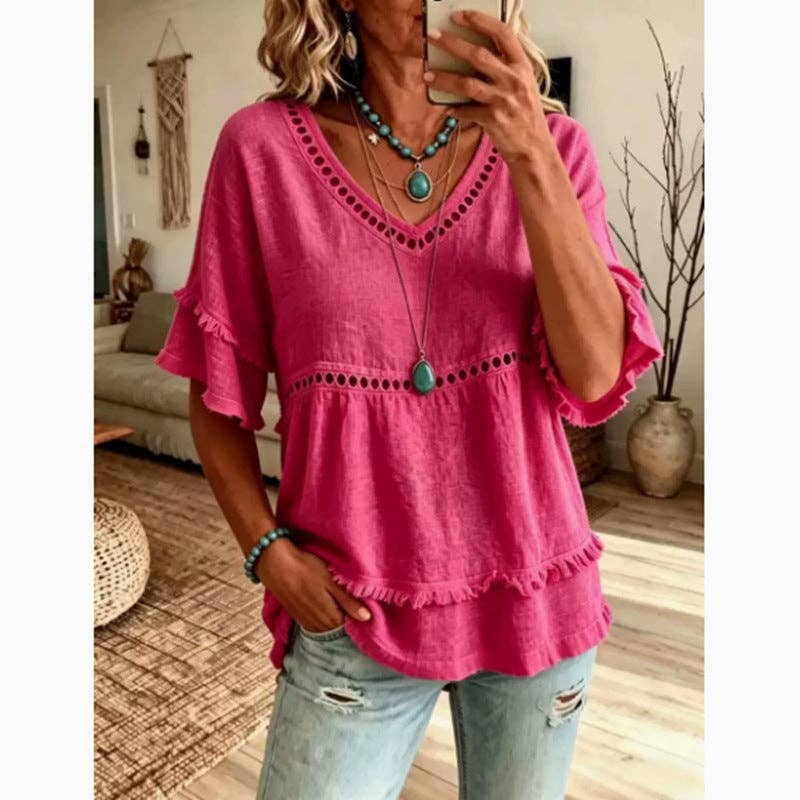 Boho Linen V Neck Blouse Eyelet Ruffle Sleeve: White / 30%cotton70%linen / L