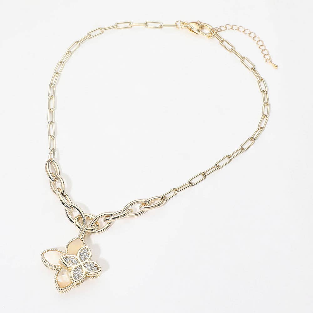 14K Gold Plated Double CZ Mother of Pearl Floral Charm Pendant Necklace