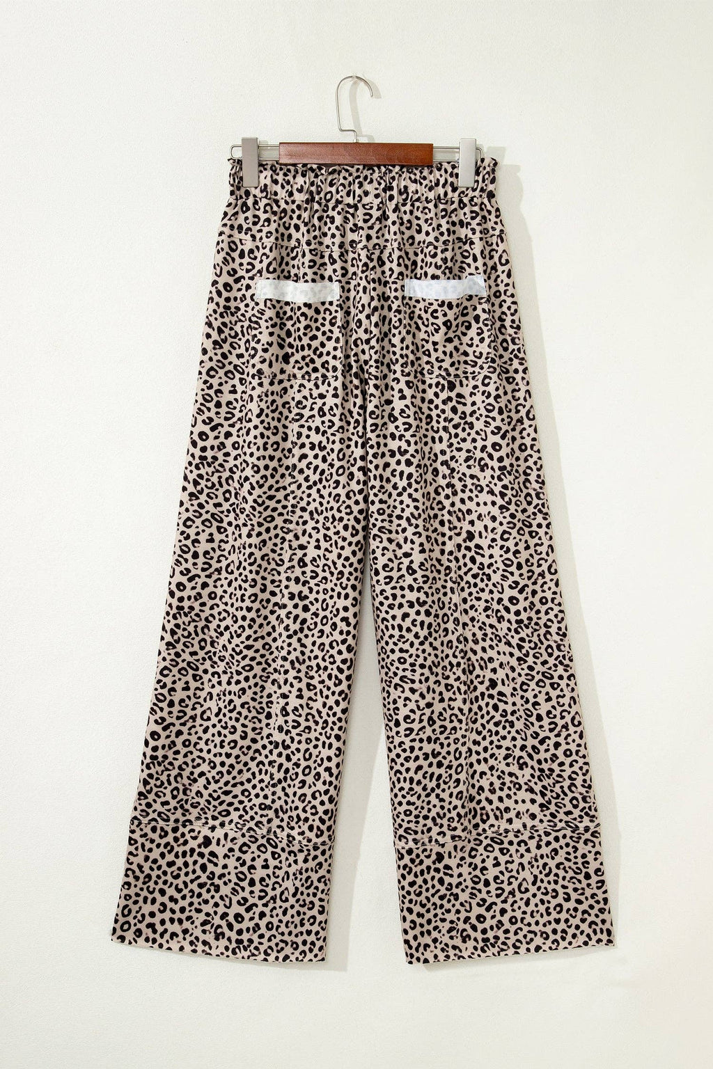 Khaki Animal Print Wide Leg Terry Knit Pants: Khaki / 95%Polyester+5%Elastane / XL