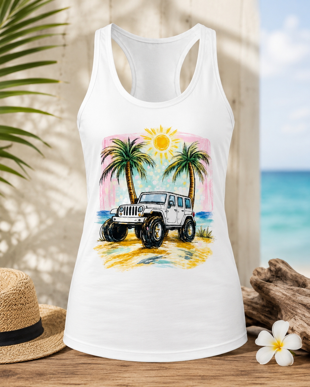 Jeep under the palm trees and sun with pink