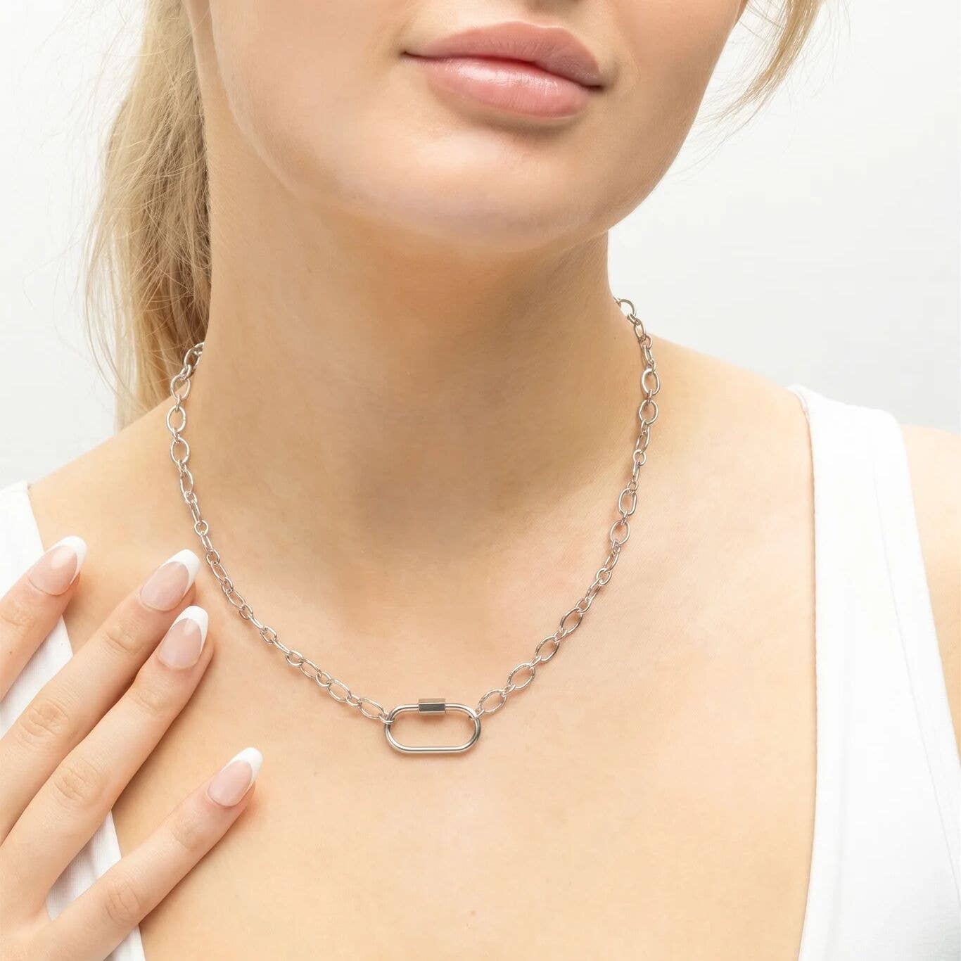 18K Gold PVD Stainless Steel Loop Chain Carabiner Necklace: Stainless / 18"+2"