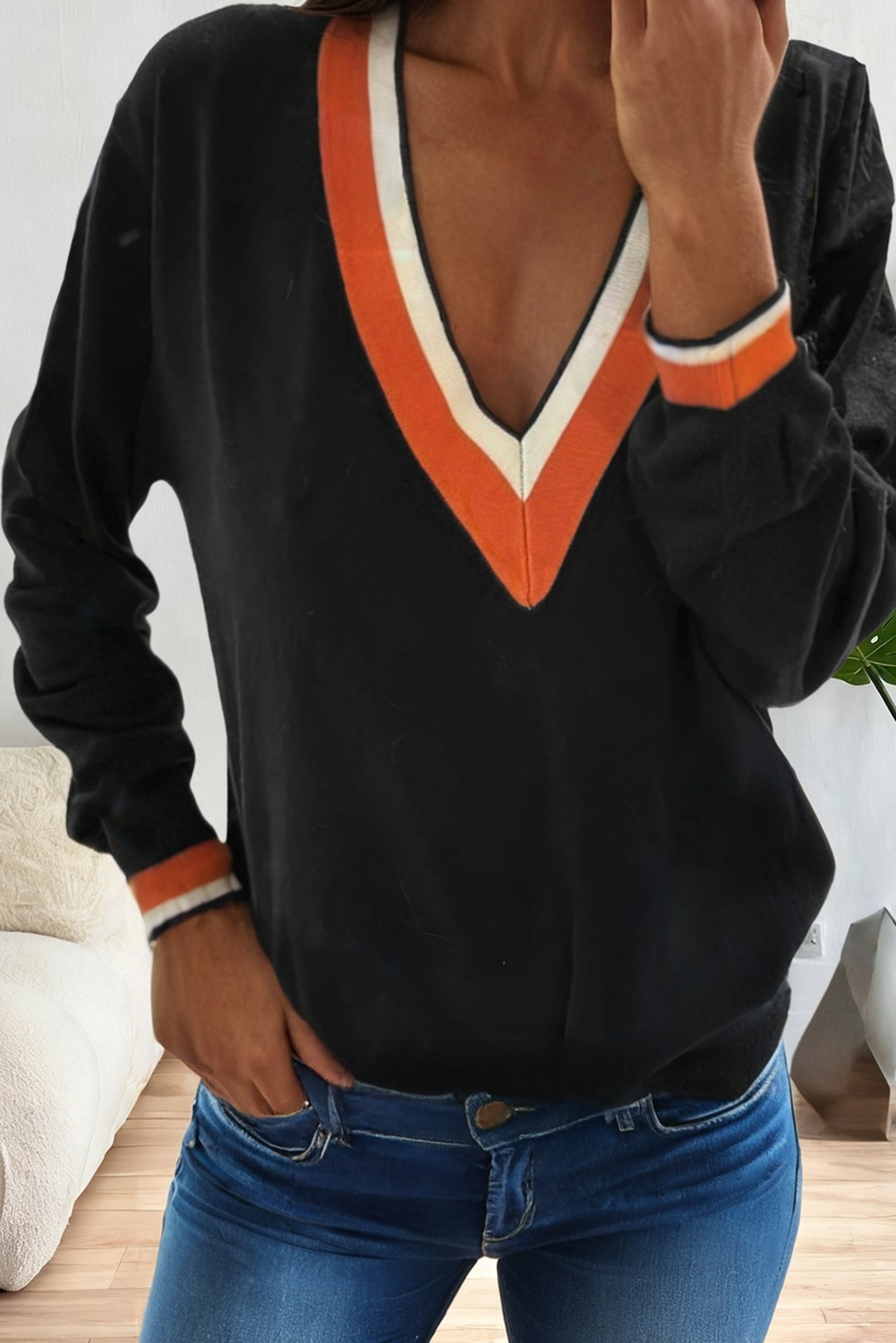 Contrast Striped Trim V Neck Varsity sweaters for women: Gray / Missy / XL