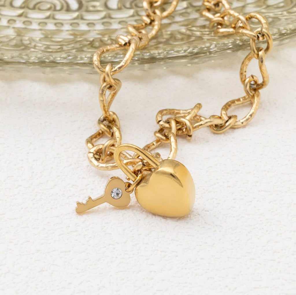 18K Gold PVD Stainless Steel Heart Lock and Key Charm: Stainless
