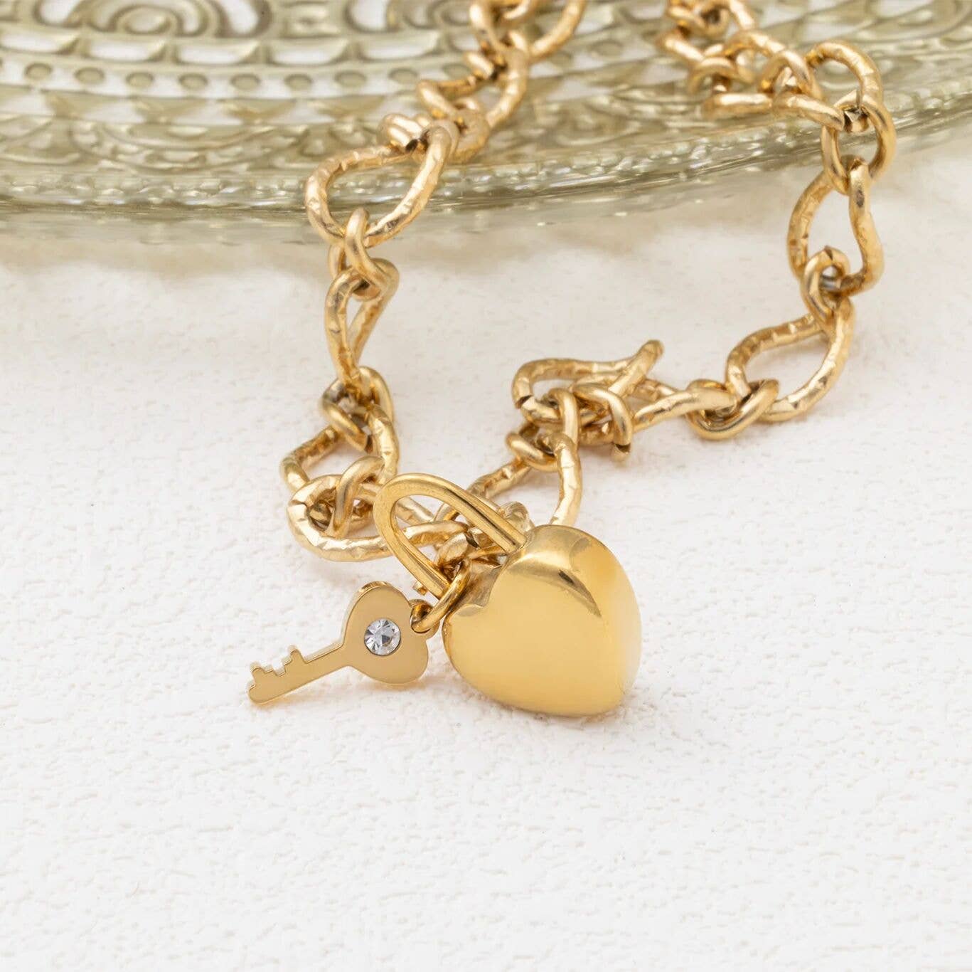 18K Gold PVD Stainless Steel Heart Lock and Key Charm: Stainless
