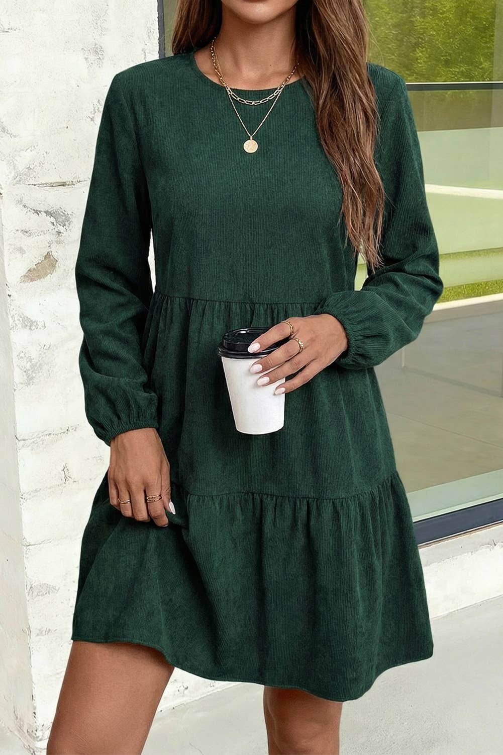 Lantern Sleeve Tiered Mini Dress: Black / L