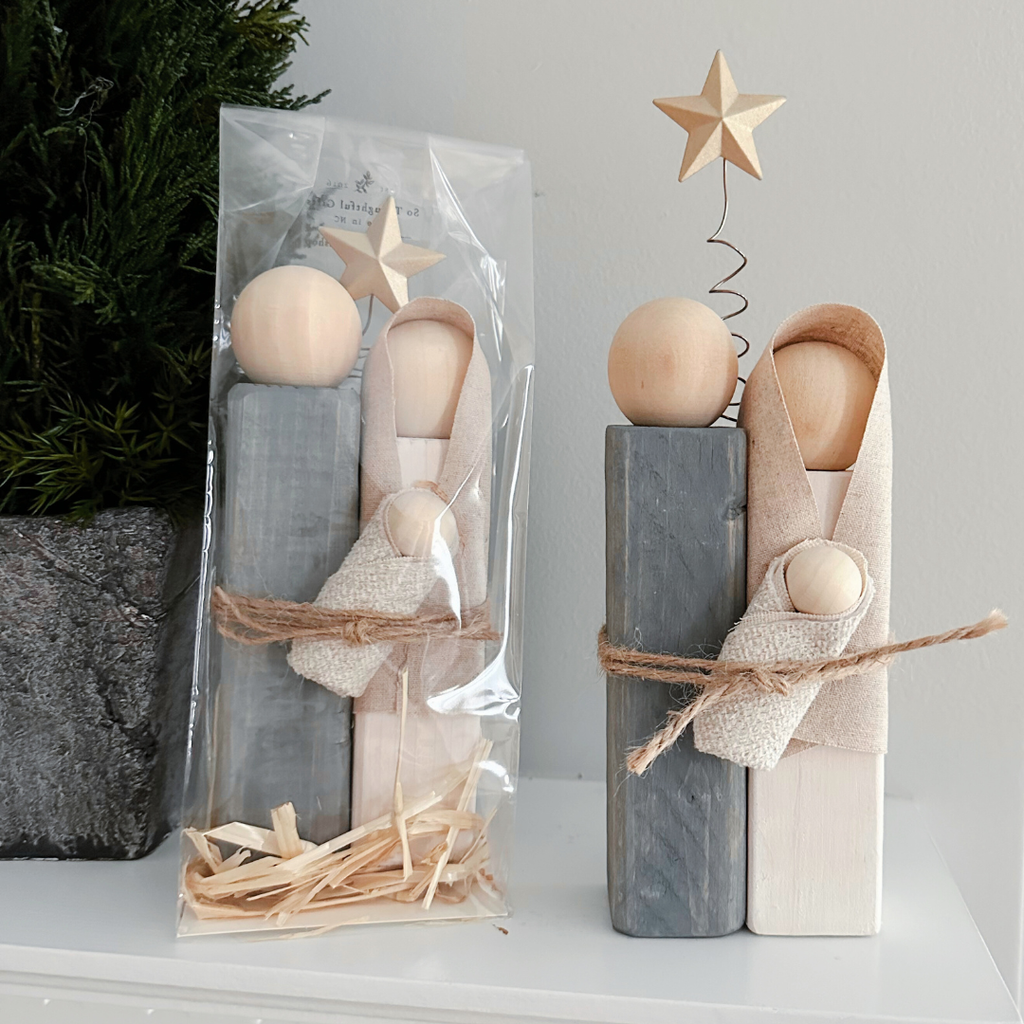 Simple Wooden Nativity Set | Hand-painted | Gift Wrapped: Sage & Dusty Blue