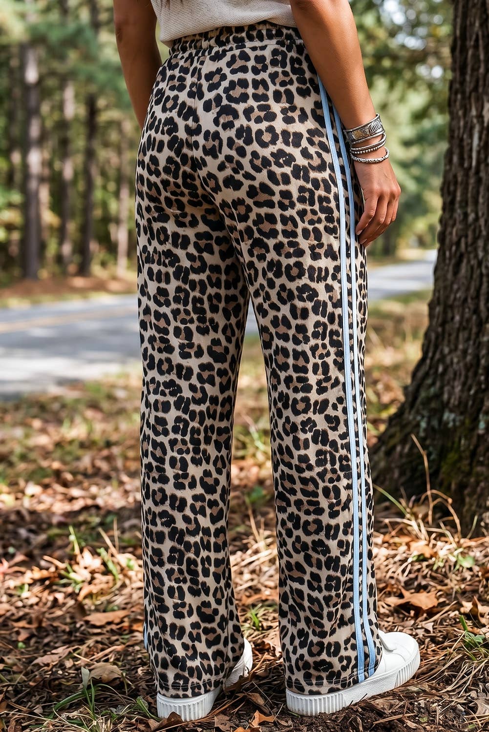 Leopard Print Rose Side Wide leg Stripe Detail Wide Pants: Rose / S