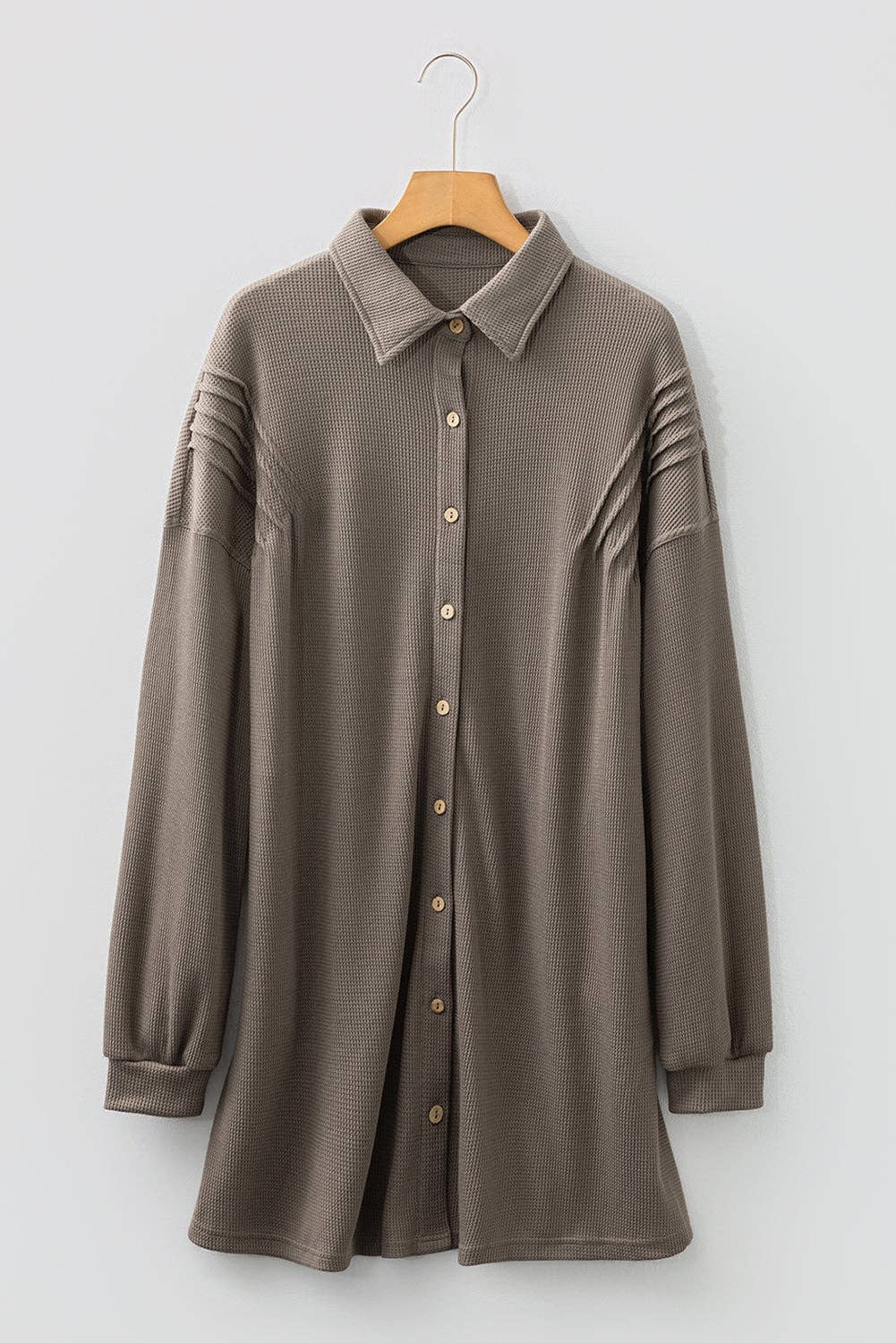 Simply Taupe Waffle Knit Shirt Tunic Dress: Simply Taupe / 75%Polyester+25%Cotton / S
