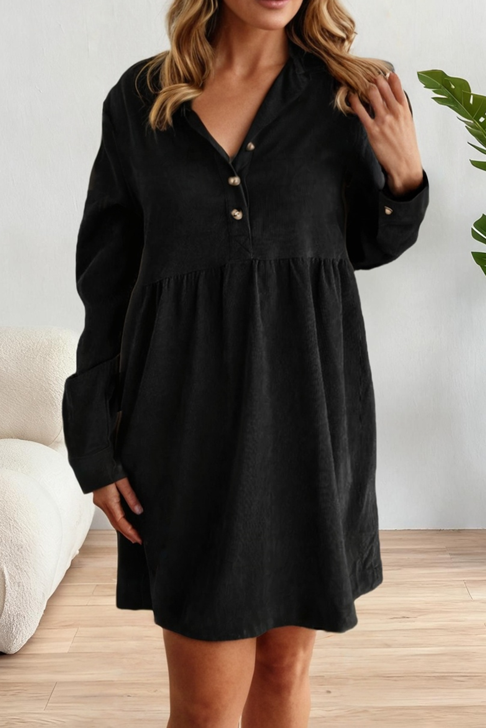 Corduroy Half Button Collared Long Sleeve Mini Fall Dress: Beige / Missy / L